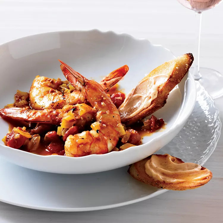 Marseille-Style Shrimp Stew in a white bowl.