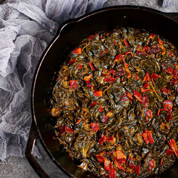 Swine & Sea — Braised Collard Greens with Tasso Ham — French Creole Recipe