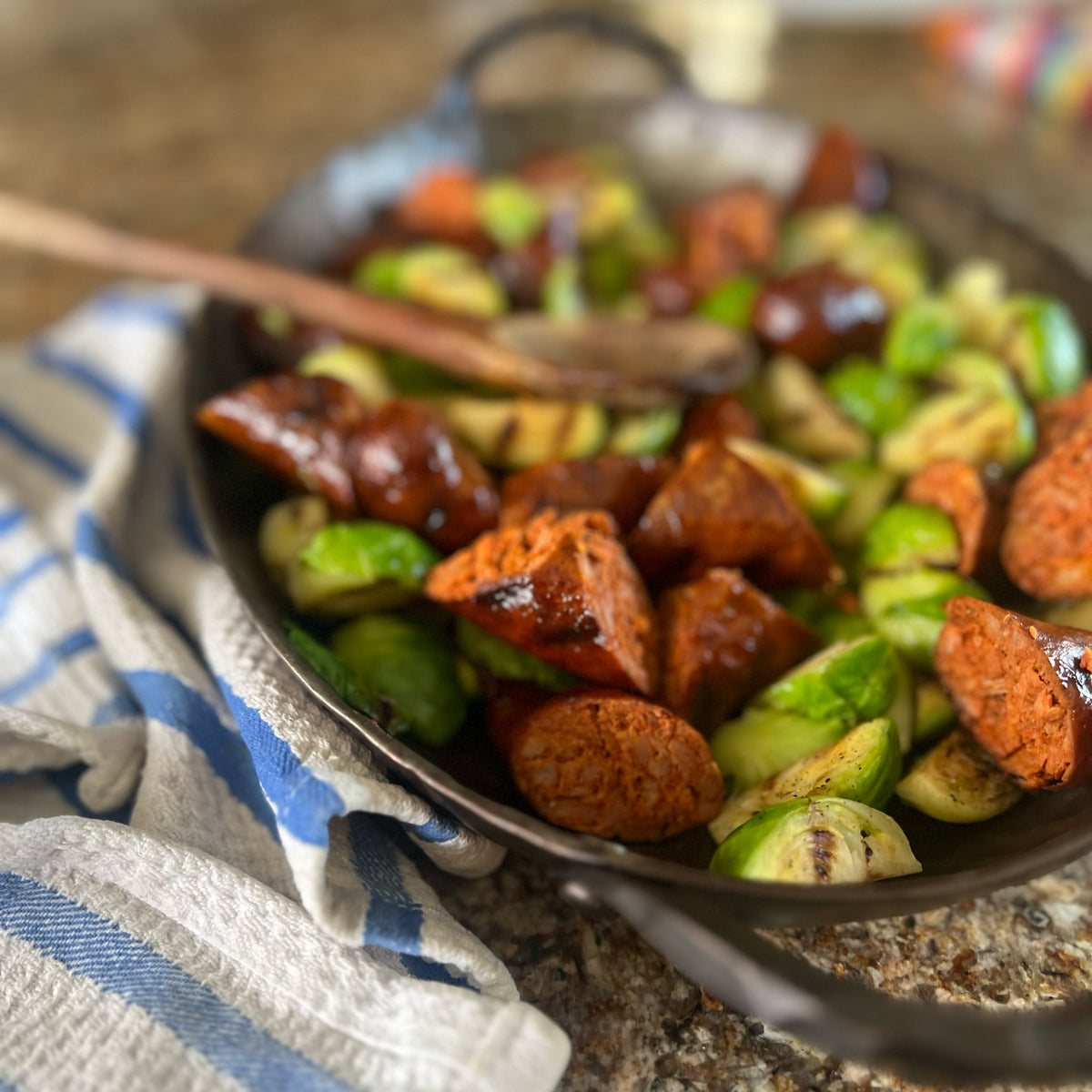 Swine & Sea — Sautéed Brussel Sprouts with Chaurice Sausage & Hot Honey — French Creole Recipe
