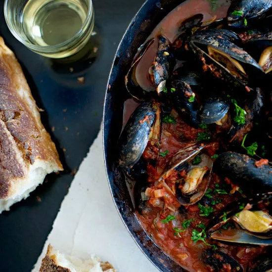 Swine & Sea — Steamed Mussels with Braised Fennel and Smoky Tomato and Garlic Broth — French Creole Recipe